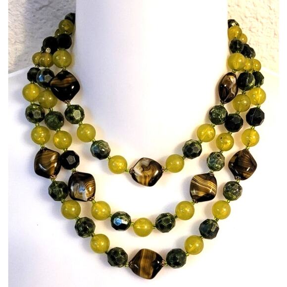 Vtg 3 Strand Waterfall Necklace Yellow Green Lucite Acrylic Beaded Hook Closure - Picture 1 of 8